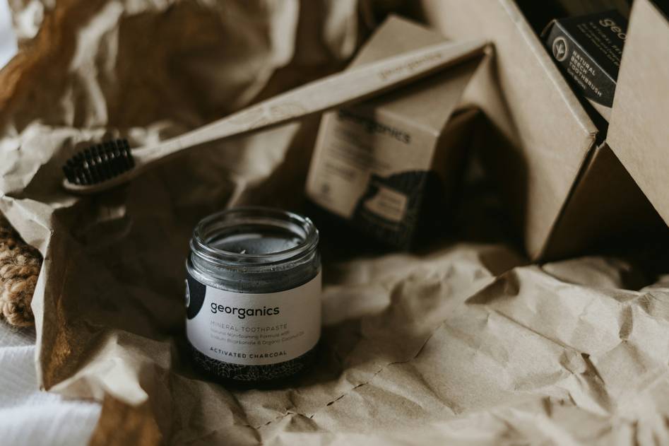 Sustainable packaging on wooden surface